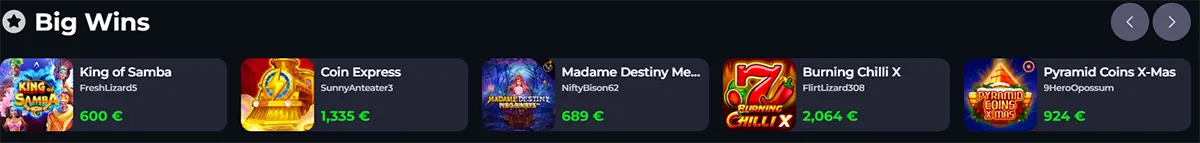 Big Wins section displaying recent casino wins with game titles, player usernames, and winning amounts in euros.