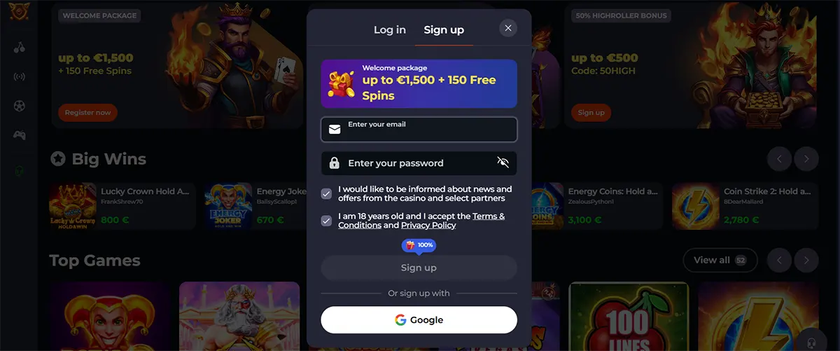 Casino sign-up modal with welcome package offering up to €1,500 and 150 free spins, email and password fields, consent checkboxes, and Google sign-up option displayed over the casino homepage.