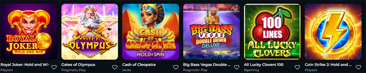 Row of popular online casino slot games including Royal Joker: Hold and Win, Gates of Olympus, Cash of Cleopatra, Big Bass Vegas Double Down Deluxe, All Lucky Clovers 100, and Coin Strike 2: Hold and Win.